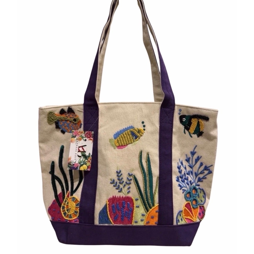 Express Edit Beaded Embroidered Fish Large Tote Bag Women L Beige Purple NWT